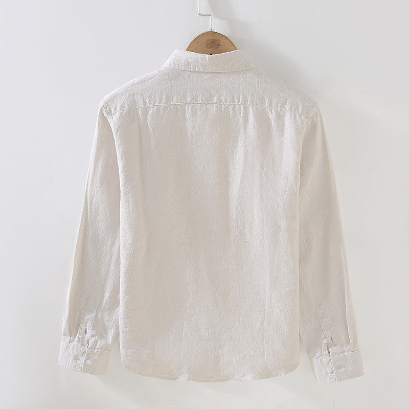 Buddha Stones Spring Men's Casual Pure Color Linen Long Sleeve Shirt With Pocket - image 1