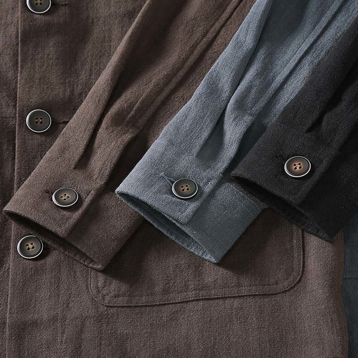 Buddha Stones Commute Plain Long Sleeve Button Lapel  Design Men's Ramie Linen Jacket With Pockets - image 14
