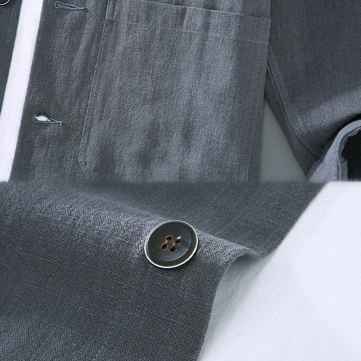 Buddha Stones Commute Plain Long Sleeve Button Lapel  Design Men's Ramie Linen Jacket With Pockets - image 9