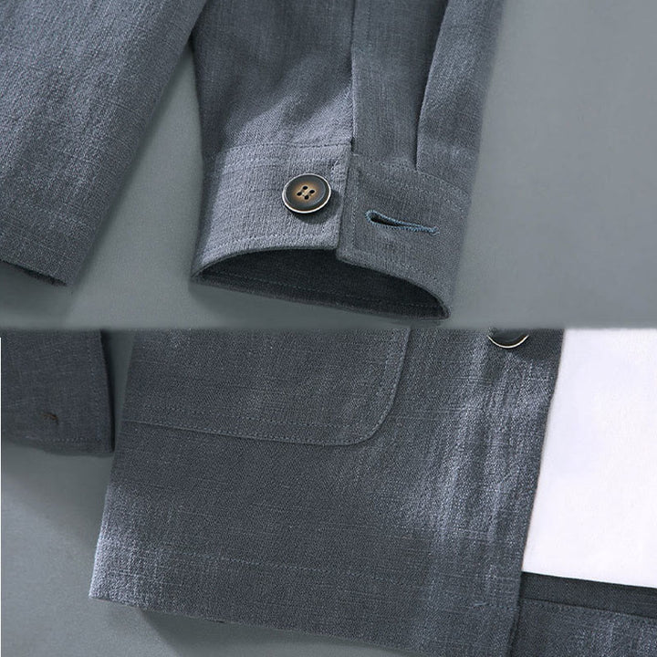Buddha Stones Commute Plain Long Sleeve Button Lapel  Design Men's Ramie Linen Jacket With Pockets - image 10