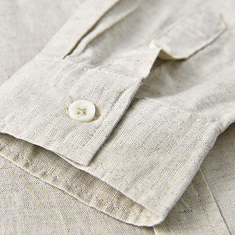 Buddha Stones Men's Long Sleeve Stand Collar With Pocket Pure Color Casual Cotton Linen Shirt - image 2