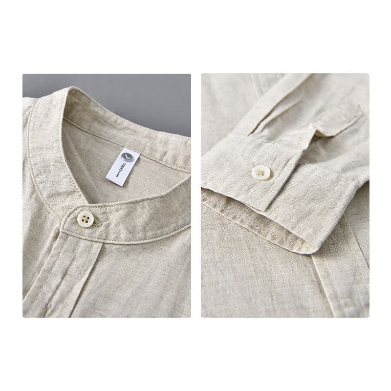 Buddha Stones Men's Long Sleeve Stand Collar With Pocket Pure Color Casual Cotton Linen Shirt - image 3