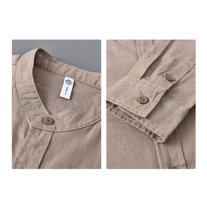 Buddha Stones Men's Long Sleeve Stand Collar With Pocket Pure Color Casual Cotton Linen Shirt - image 32