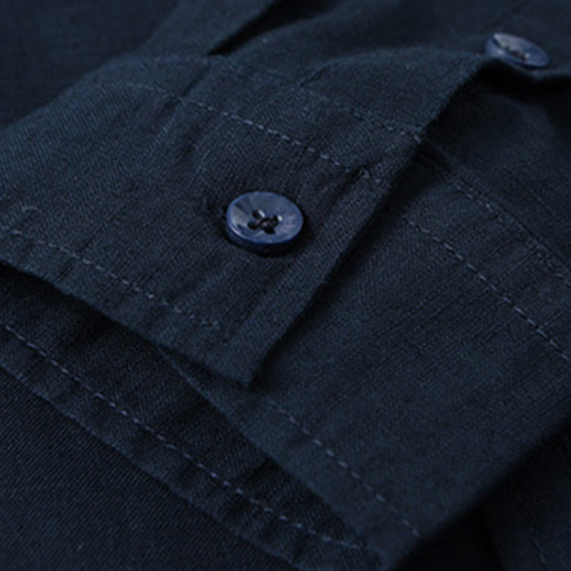 Buddha Stones Men's Long Sleeve Stand Collar With Pocket Pure Color Casual Cotton Linen Shirt - image 40