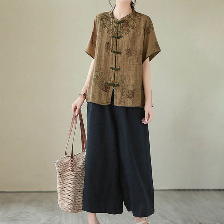 Buddha Stones Purple Flower Print Frog-Button Design Shirt - image 12