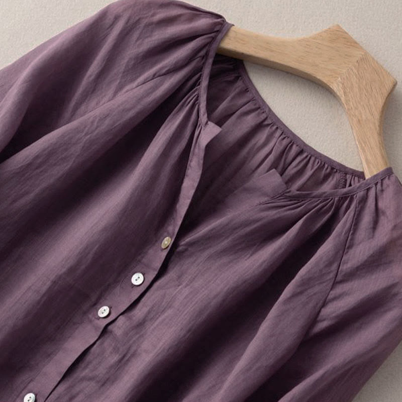 Buddha Stones Vintage Button Three Quarter Puff Sleeve V-Neck Women's Shirt - image 5