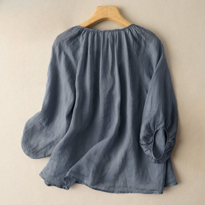 Buddha Stones Vintage Button Three Quarter Puff Sleeve V-Neck Cotton Women's Shirt - image 2