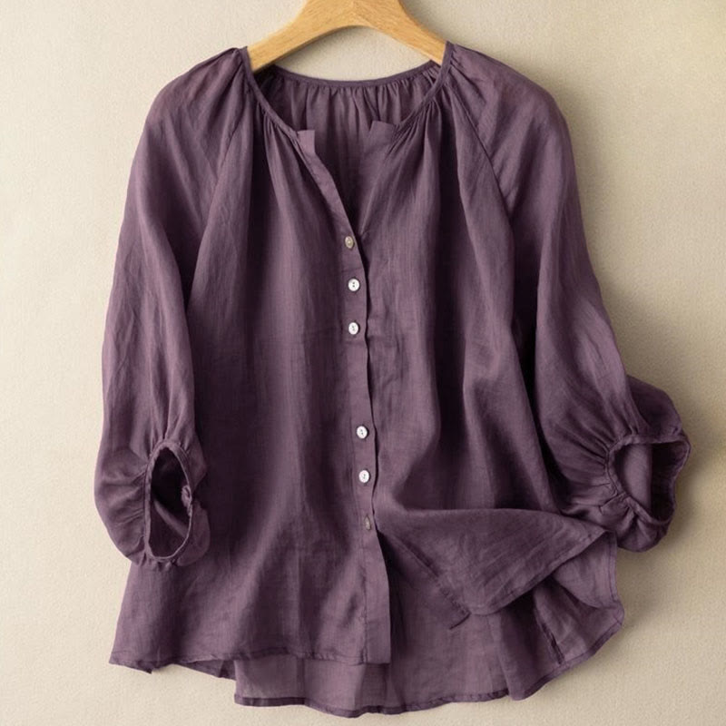 Buddha Stones Vintage Button Three Quarter Puff Sleeve V-Neck Cotton Women's Shirt - DarkMagenta - US14，UK/AU18，EU46 (4XL) - image 8