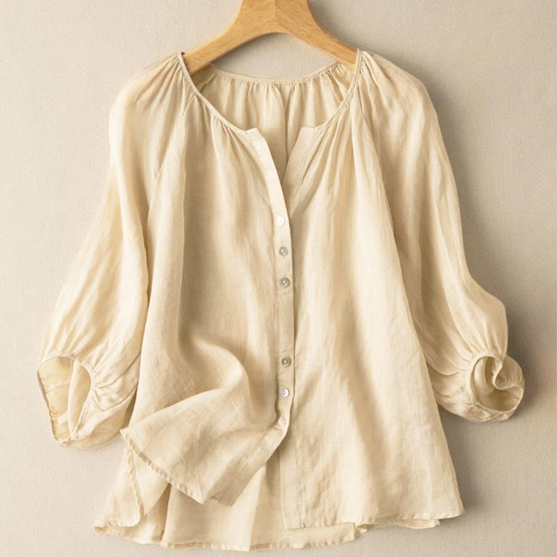 Buddha Stones Vintage Button Three Quarter Puff Sleeve V-Neck Cotton Women's Shirt - PaleGoldenrod - US14，UK/AU18，EU46 (4XL) - image 10