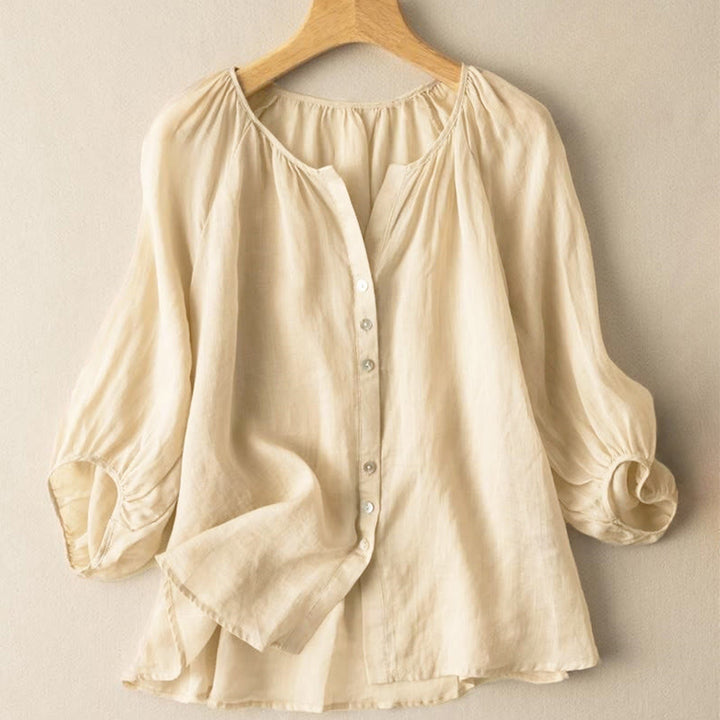 Buddha Stones Vintage Button Three Quarter Puff Sleeve V-Neck Cotton Women's Shirt - image 14