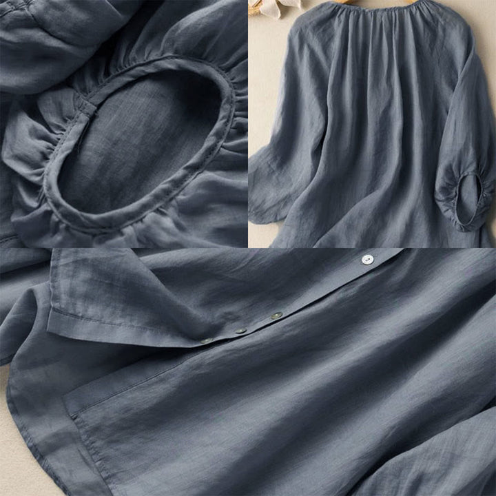 Buddha Stones Vintage Button Three Quarter Puff Sleeve V-Neck Cotton Women's Shirt - image 5