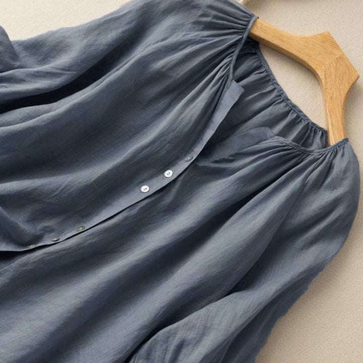 Buddha Stones Vintage Button Three Quarter Puff Sleeve V-Neck Cotton Women's Shirt - image 4