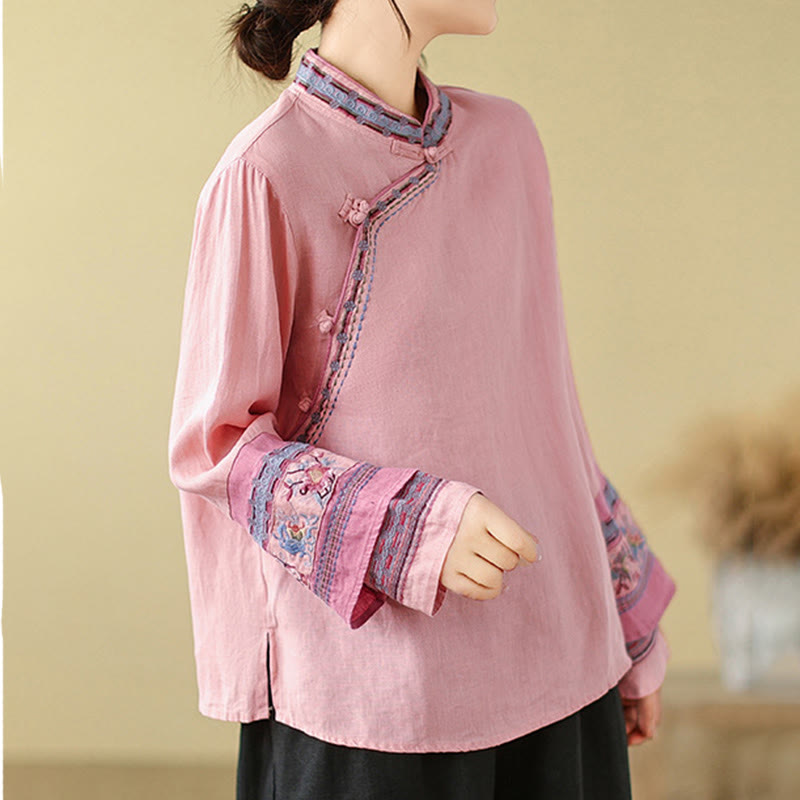 Buddha Stones Embroidered Slanted Buttons Cotton Linen Women's Shirt - image 14