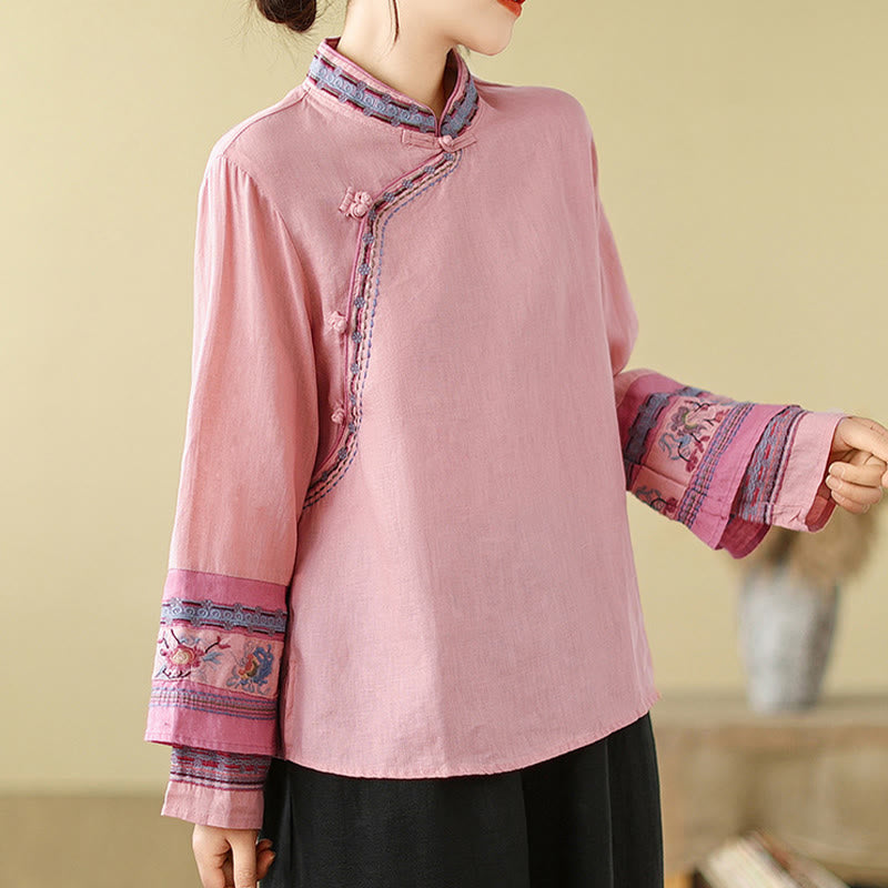 Buddha Stones Embroidered Slanted Buttons Cotton Linen Women's Shirt - image 15