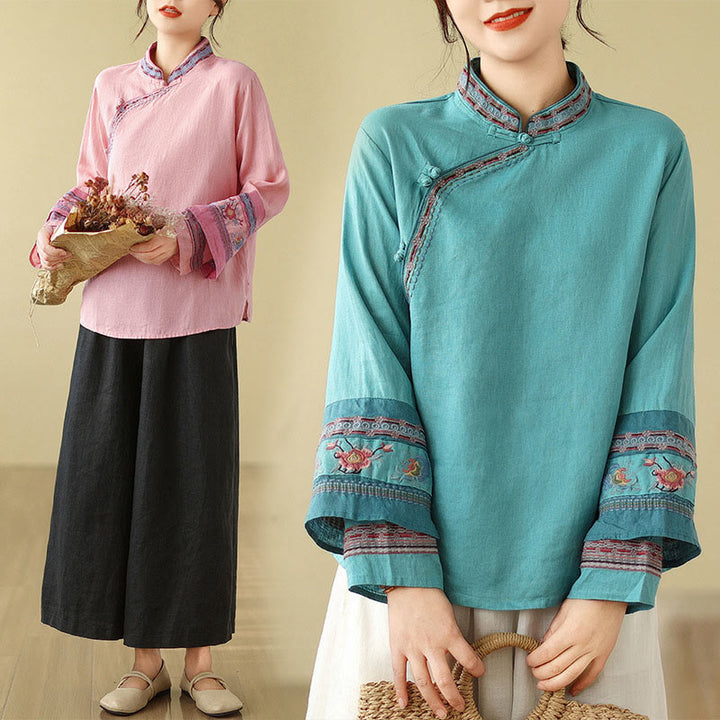 Buddha Stones Embroidered Slanted Buttons Cotton Linen Women's Shirt - image 24