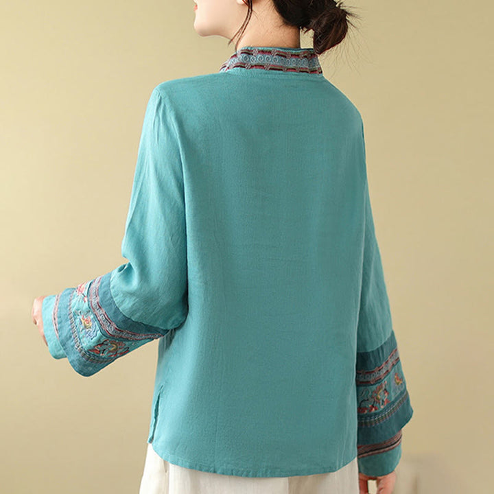 Buddha Stones Embroidered Slanted Buttons Cotton Linen Women's Shirt - image 20