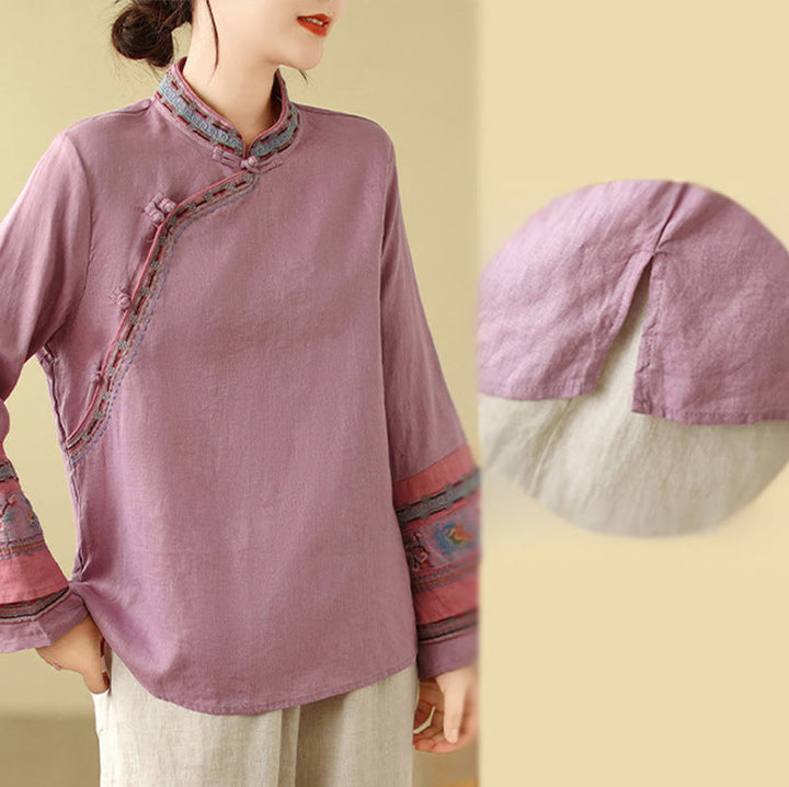 Buddha Stones Embroidered Slanted Buttons Cotton Linen Women's Shirt - image 5