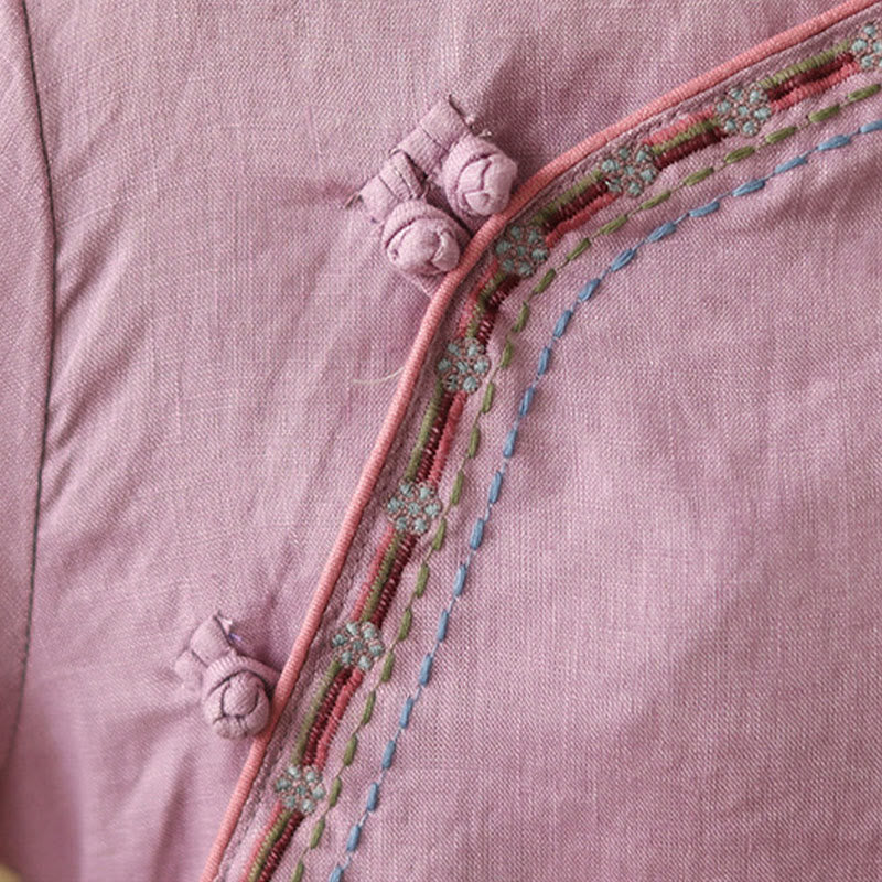 Buddha Stones Embroidered Slanted Buttons Cotton Linen Women's Shirt - image 7