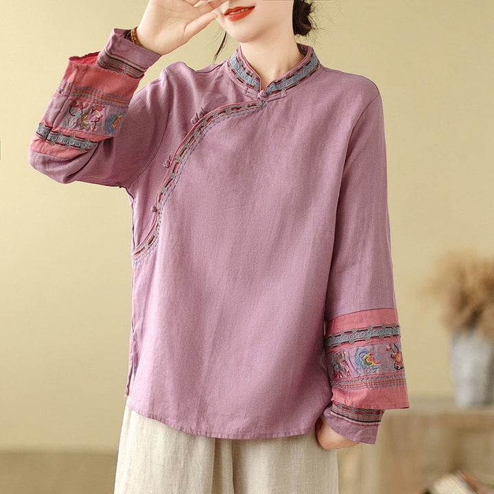 Buddha Stones Embroidered Slanted Buttons Cotton Linen Women's Shirt - Plum - US8-10，UK/AU12-14，EU40-42 (2XL) - image 0