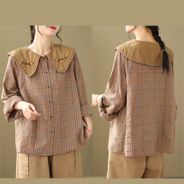 Buddha Stones Embroidered Plaid Pattern Cotton Women's Shirt - image 5