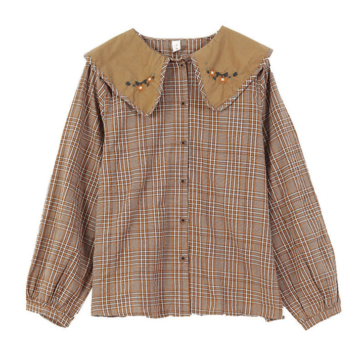 Buddha Stones Embroidered Plaid Pattern Cotton Women's Shirt - image 1