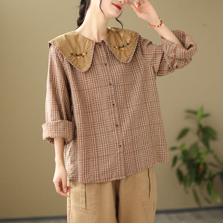 Buddha Stones Embroidered Plaid Pattern Cotton Women's Shirt - image 2