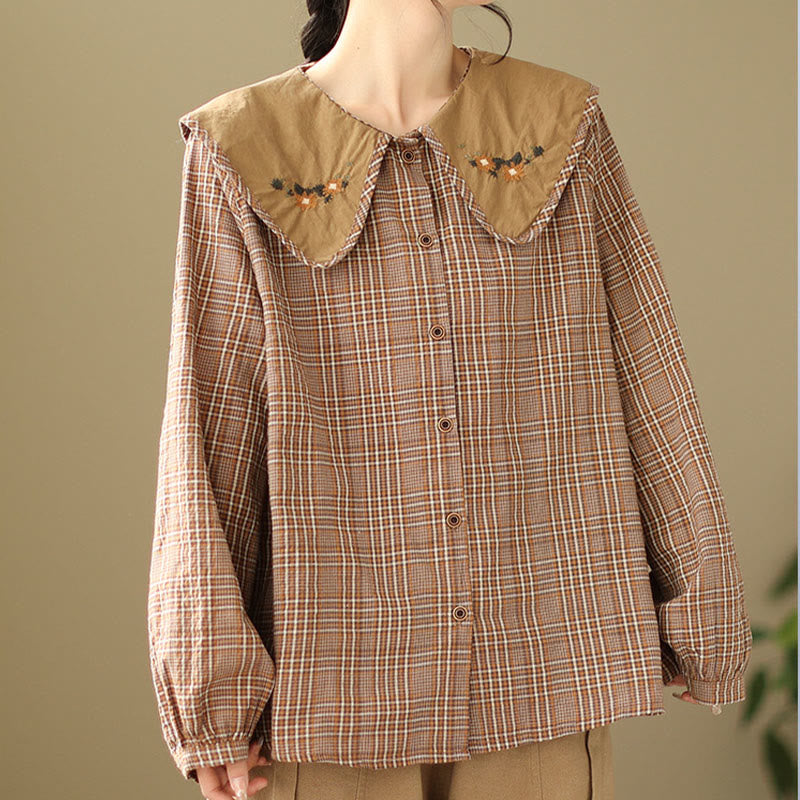 Buddha Stones Embroidered Plaid Pattern Cotton Women's Shirt - DarkSalmon - US8-10，UK/AU12-14，EU40-42 (2XL) - image 0