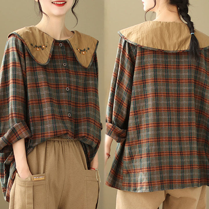 Buddha Stones Embroidered Plaid Pattern Cotton Women's Shirt - image 11