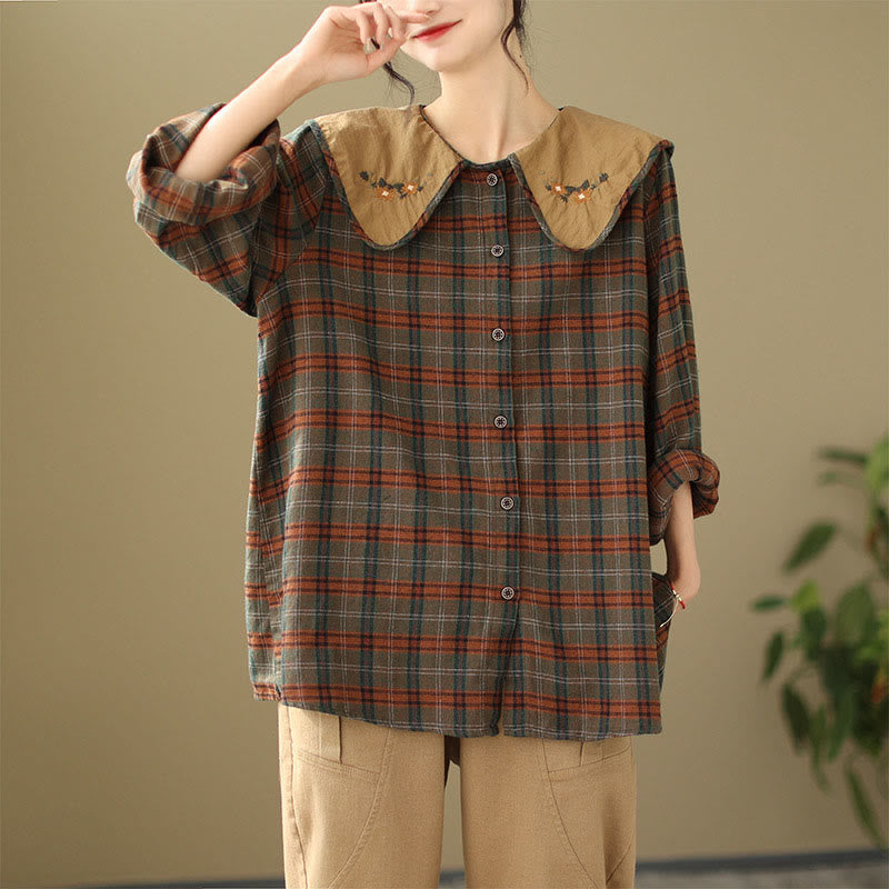 Buddha Stones Embroidered Plaid Pattern Cotton Women's Shirt - image 8