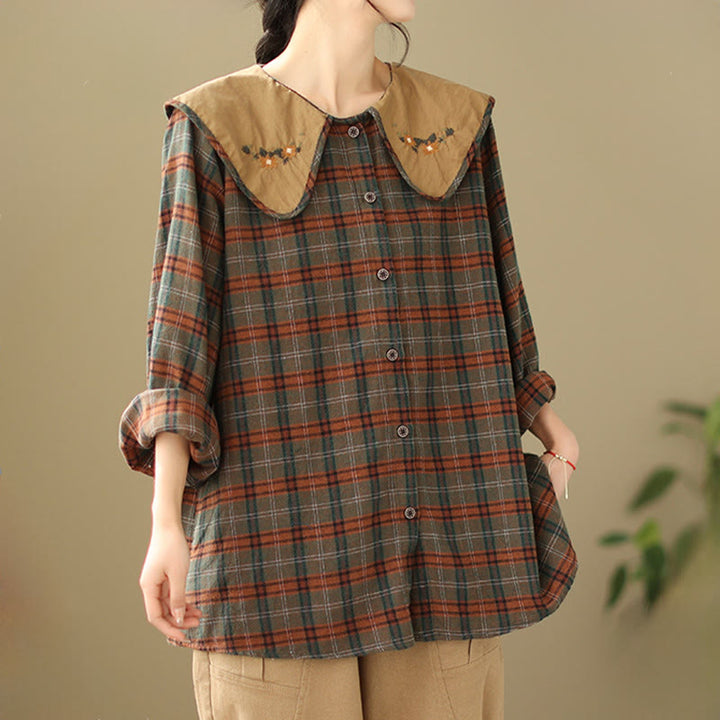 Buddha Stones Embroidered Plaid Pattern Cotton Women's Shirt - image 9
