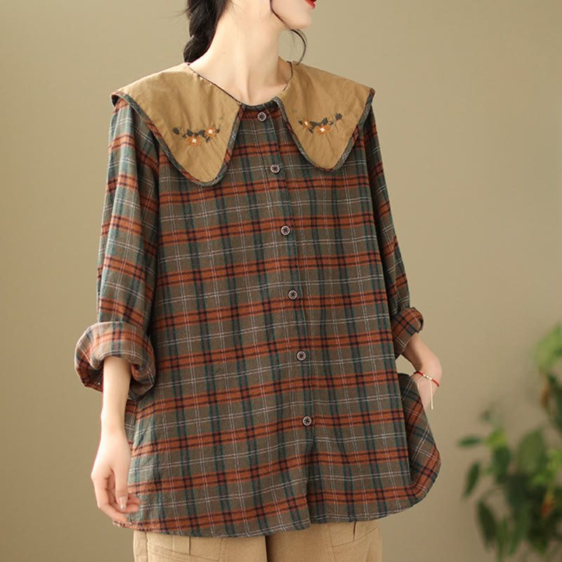 Buddha Stones Embroidered Plaid Pattern Cotton Women's Shirt - image 10