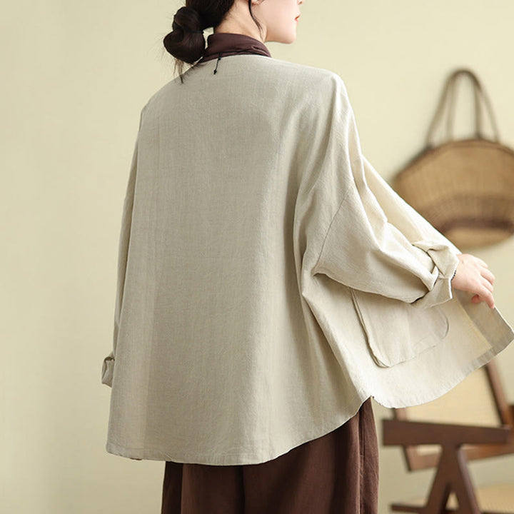 Buddha Stones Plain Design Long Sleeve Women's Cotton Linen Jacket With Pockets - image 6