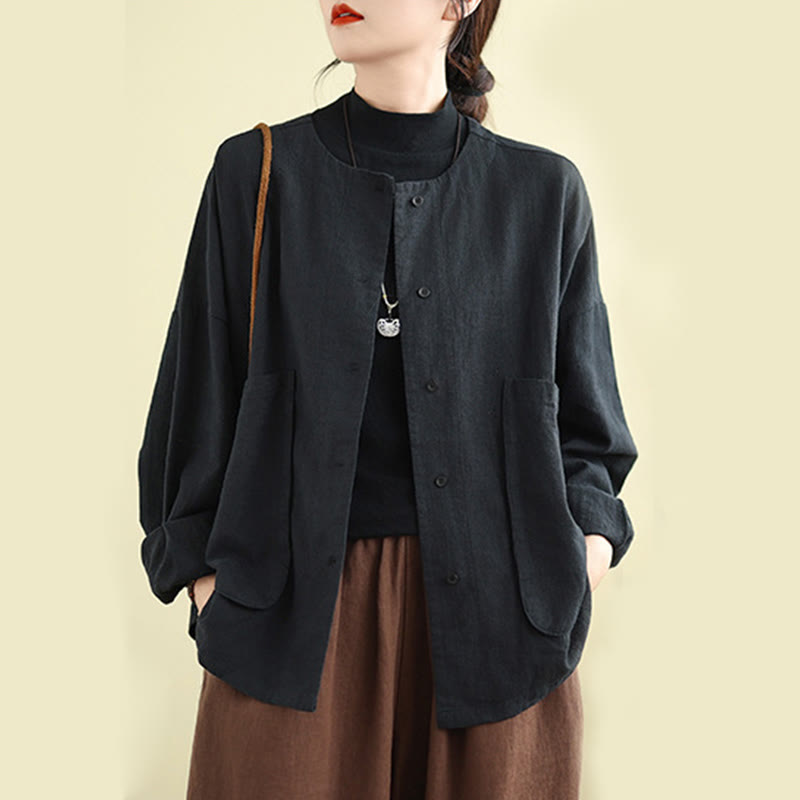 Buddha Stones Plain Design Long Sleeve Women's Cotton Linen Jacket With Pockets - Black - US14，UK/AU18，EU46 (2XL) - image 10