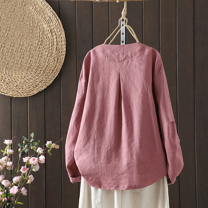 Buddha Stones Pure Color V-neck Women's Cotton Jacket With Pockets - image 7