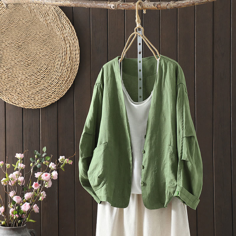 Buddha Stones Pure Color V-neck Women's Cotton Jacket With Pockets - MediumSeaGreen - US14，UK/AU18，EU46 (2XL) - image 17