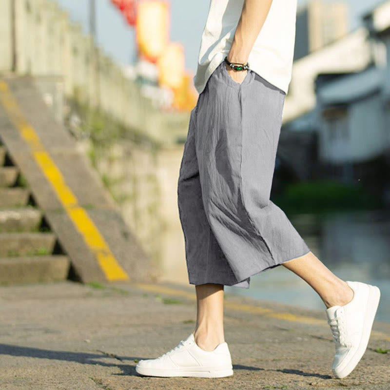 Buddha Stones Summer Plain Pleat Design Drawstring Men's 7-8 Length Pants With Pockets - image 1
