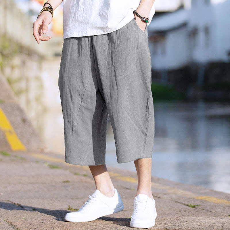 Buddha Stones Summer Plain Pleat Design Drawstring Men's 7-8 Length Pants With Pockets - Gray - US/UK/AU46，EU56 (5XL) - image 0