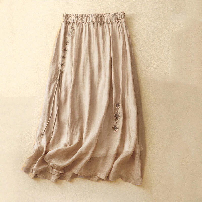 Buddha Stones Ethnic Vintage Embroidery Button Design Women's Cotton Linen 7-8 Length Skirt - Gold - US8-10，UK/AU12-14，EU40-42 (2XL) - image 9