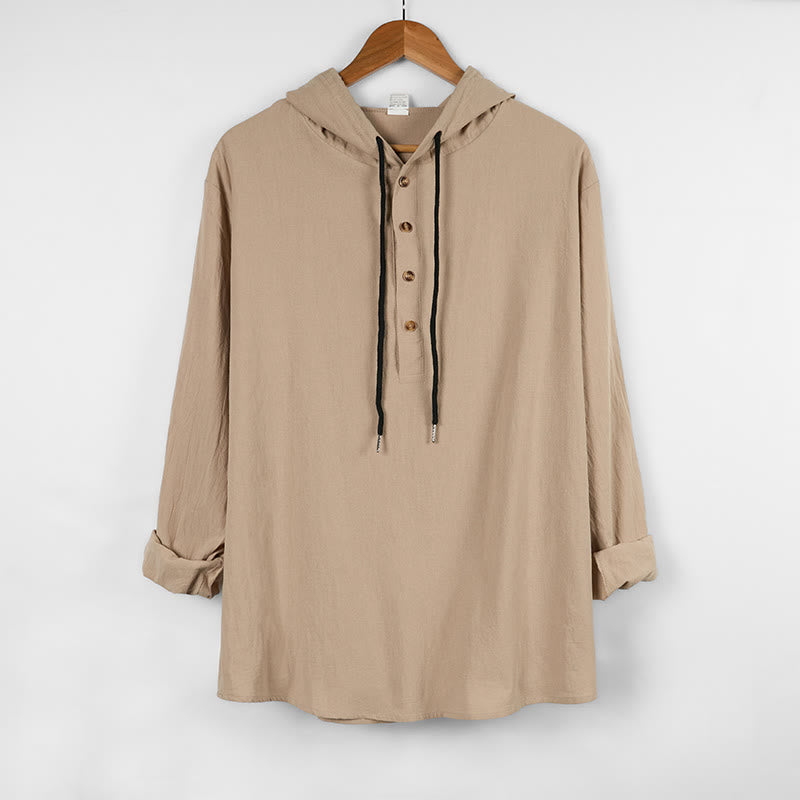 Buddha Stones Solid Color Fall Half Buttons Men's Hooded Long Sleeve Cotton Shirt - Beige - US/UK/AU46，EU56 (3XL) - image 11