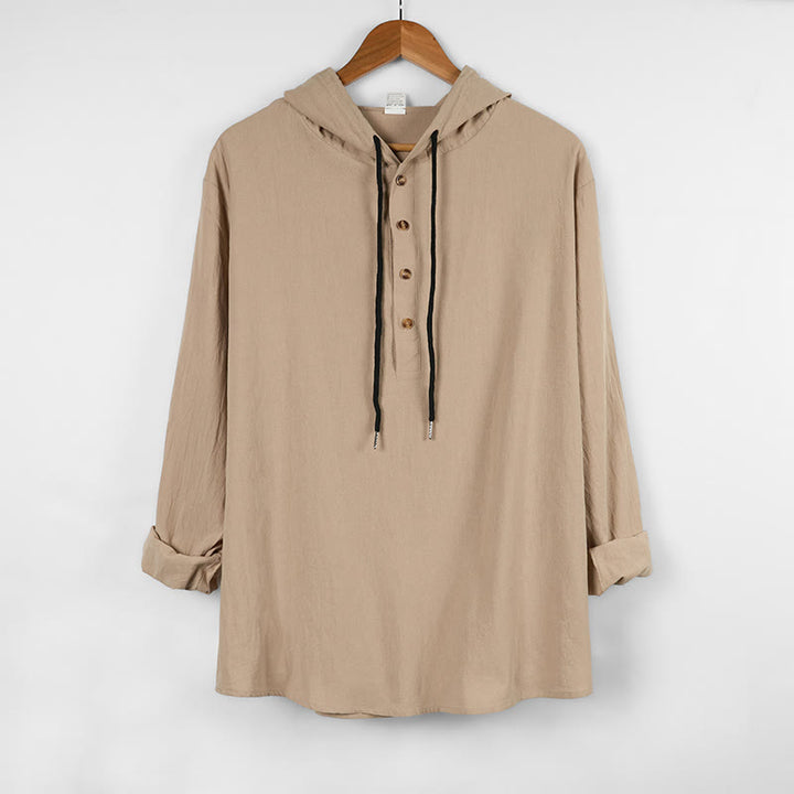 Buddha Stones Solid Color Fall Half Buttons Men's Hooded Long Sleeve Cotton Shirt - Beige - US/UK/AU46，EU56 (3XL) - image 11