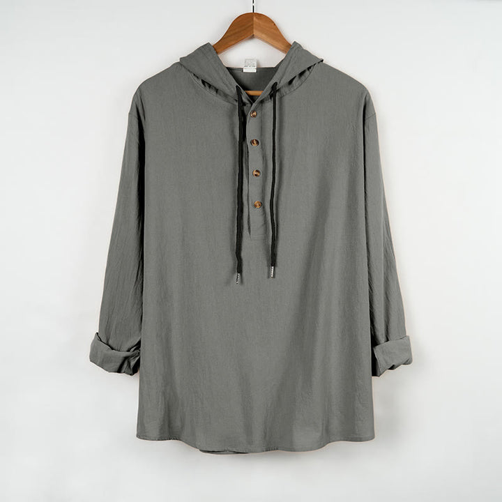 Buddha Stones Solid Color Fall Half Buttons Men's Hooded Long Sleeve Cotton Shirt - DarkGray - US/UK/AU46，EU56 (3XL) - image 9