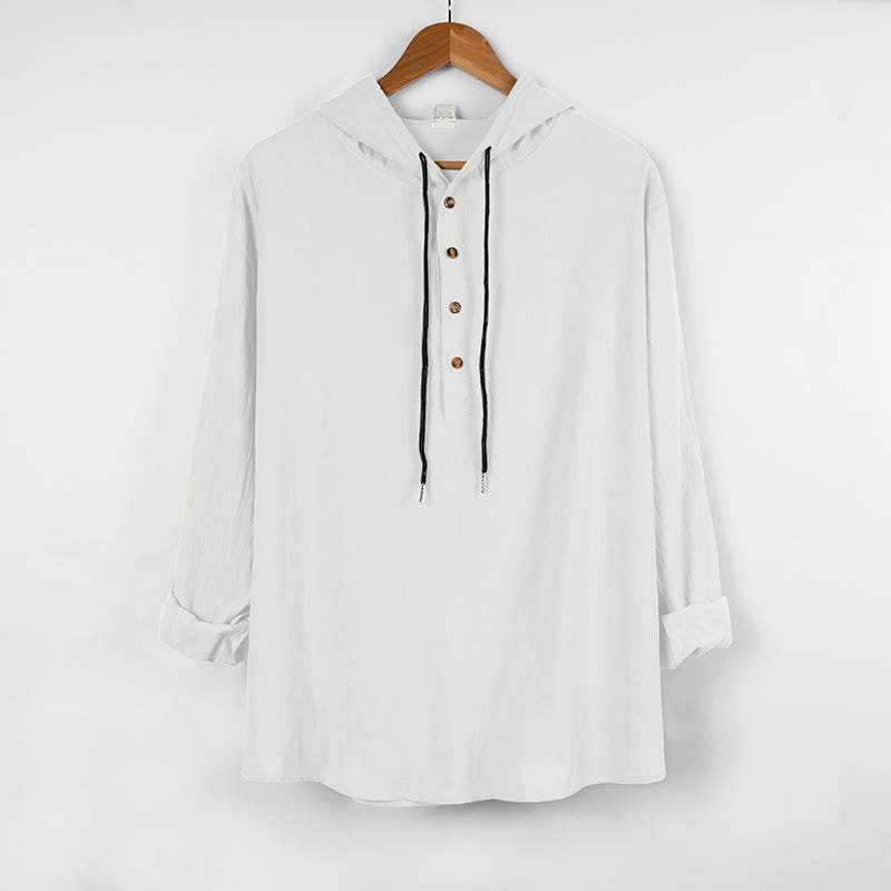 Buddha Stones Solid Color Fall Half Buttons Men's Hooded Long Sleeve Cotton Shirt - White - US/UK/AU46，EU56 (3XL) - image 5