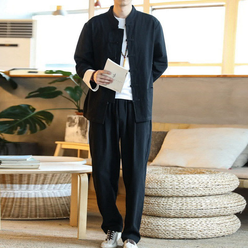 Buddha Stones 2Pcs Zen Tang Suit Men's Frog-Button Long Sleeve Shirt Pants Set With Pockets - image 19