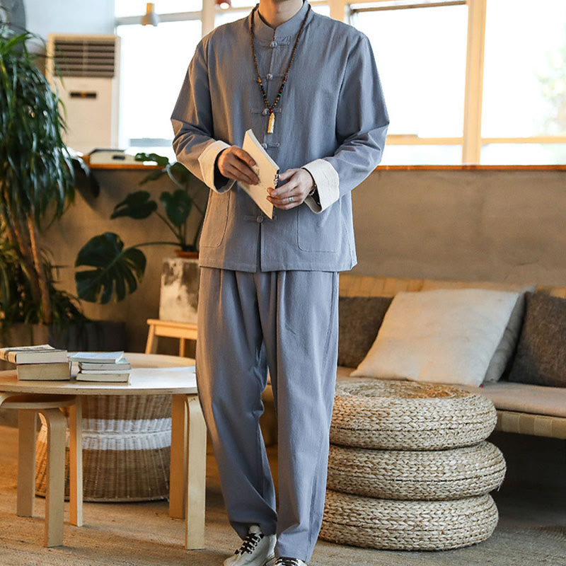 Buddha Stones 2Pcs Zen Tang Suit Men's Frog-Button Long Sleeve Shirt Pants Set With Pockets - image 6