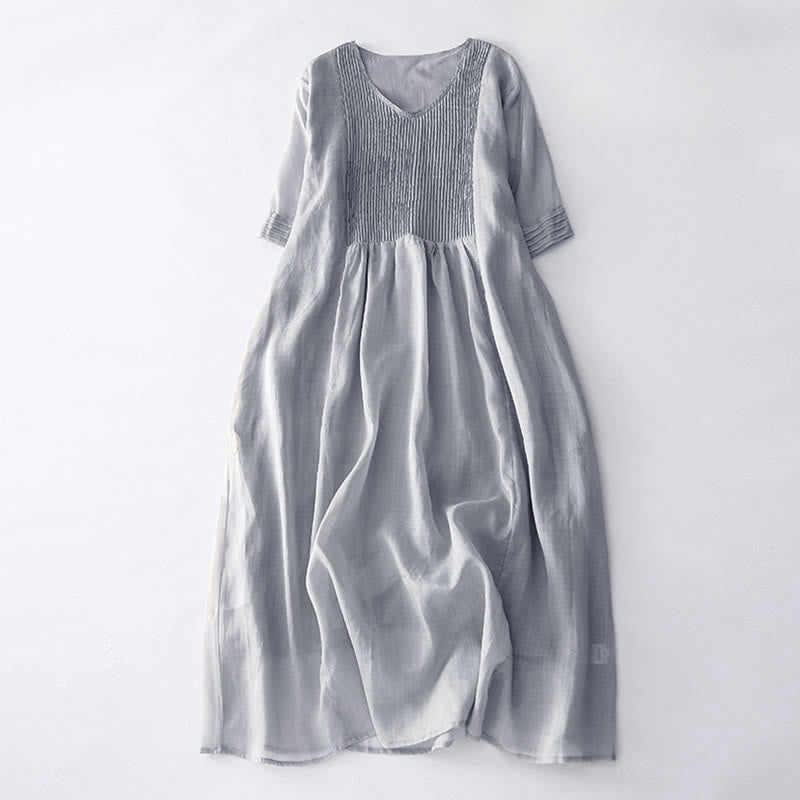Buddha Stones Casual Accordion Pleat Plain V-neck Short Sleeve Cotton Midi Dress With Pockets - Silver - US14，UK/AU18，EU46 (2XL) - image 22