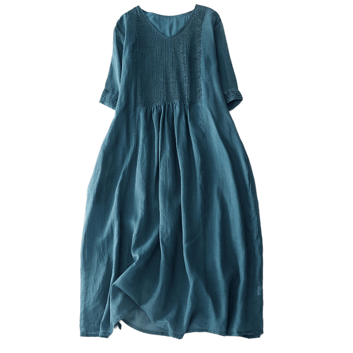 Buddha Stones Casual Accordion Pleat Plain V-neck Short Sleeve Cotton Midi Dress With Pockets - image 38
