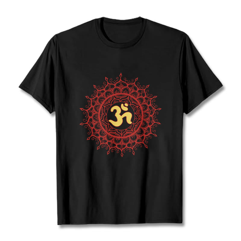 Buddha Stones Casual Red Mandala Om Symbol Pattern Cotton Tee T-shirt - Black - 2XL - image 0