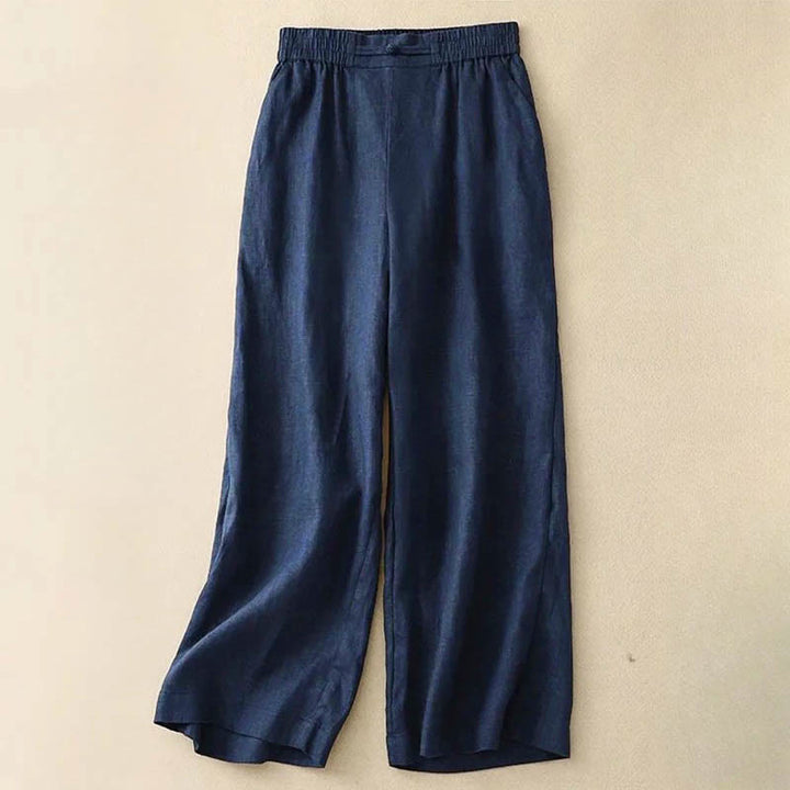 Buddha Stones Versatile Solid Color Elastic Waistband Frog-Button Cotton Linen Women's Wide Leg Pants With Pockets - MidnightBlue - US12，UK/AU16，EU44 (3XL) - image 9