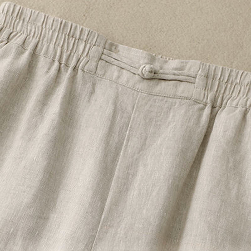 Buddha Stones Versatile Solid Color Elastic Waistband Frog-Button Cotton Linen Women's Wide Leg Pants With Pockets - image 13