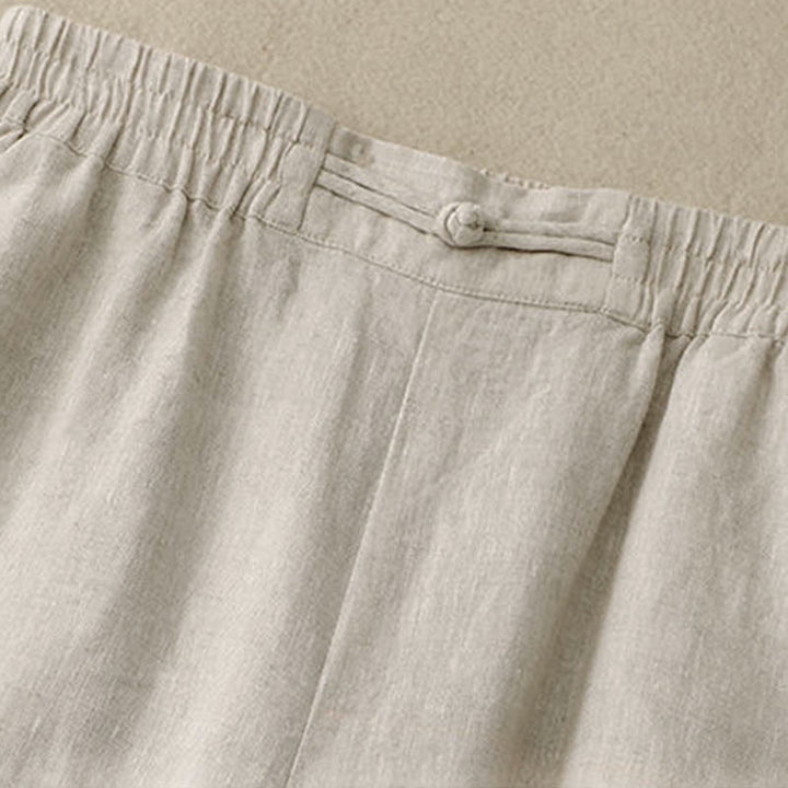Buddha Stones Versatile Solid Color Elastic Waistband Frog-Button Cotton Linen Women's Wide Leg Pants With Pockets - image 13
